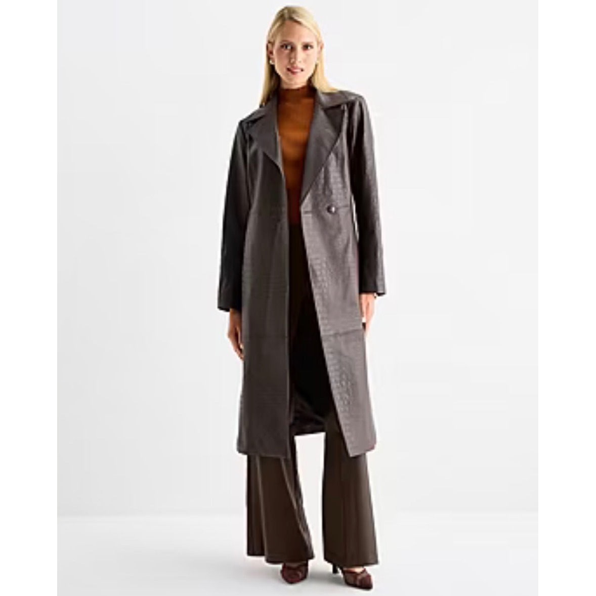 Worthington Trench Coat Womens Xl Brown Nwt Croc Embossed Faux Leather Longline